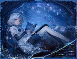 1girl absurdres artist_name black_background black_pantyhose blue_eyes blue_horns blue_theme book bow braid bridal_gauntlets chinese_text closed_mouth commentary dress full_body highres holding holding_book horns kikihuihui loafers long_hair looking_at_viewer open_book original pantyhose shoes short_sleeves single_braid single_horn sitting socks solo thighhighs watermark white_dress white_hair white_socks