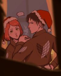 black_hair christmas hairy highres levi_(shingeki_no_kyojin) military military_uniform pau6ix petra_ral red_hair shingeki_no_kyojin ship shirt survey_corps survey_corps_(emblem) tea watercraft