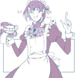 1boy :3 apron ascot braid final_fantasy final_fantasy_xiv hair_between_eyes hiryuu_(kugelcruor) holding holding_plate hythlodaeus juliet_sleeves l_hand long_sleeves maid maid_apron maid_headdress male_focus medium_hair parted_lips plate pointing puffy_sleeves purple_hair side_braid single_braid smile solo teapot upper_body white_apron white_background