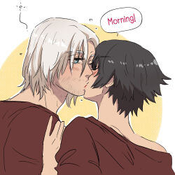 1boy 1girl beard_stubble black_hair blue_eyes closed_eyes dante_(devil_may_cry) devil_may_cry_(series) facial_hair jumpoon kiss lady_(devil_may_cry) one_eye_closed shirt simple_background stubble white_hair