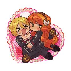 Rule 34 | &gt; &lt;, 8wnqt, :d, :|, badge, between legs, blonde hair, blush, boots, border, bow, bright pupils, chibi, chibi only, clenched hand, closed mouth, collared shirt, commission, don quixote (project moon), double-parted bangs, full body, green eyes, hair between eyes, hair bow, halftone, hand on another&#039;s waist, hands up, headband, heart, ishmael (project moon), lcb uniform (project moon), limbus company, long hair, looking at viewer, necktie, open mouth, orange hair, ornate border, outside border, pin, project moon, red necktie, second-party source, seiza, shirt, sitting, smile, spread legs, very long hair, vgen commission, white pupils, white shirt, yuri