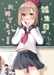 0_0 1boy 3girls arrow_(symbol) black_hair black_sailor_collar black_skirt blonde_hair blush braid brown_eyes brown_hair cellphone chalkboard childhood_friend_(ominaeshi) closed_eyes commentary_request crown facial_mark flying_sweatdrops hair_between_eyes hair_ornament hairclip heart highres holding holding_phone long_hair long_sleeves mini_crown multiple_girls neckerchief ominaeshi_(takenoko) one_side_up open_mouth original phone pleated_skirt profile puffy_long_sleeves puffy_sleeves red_neckerchief sailor_collar school_uniform serafuku shirt skirt sleeves_past_wrists translation_request v very_long_hair white_shirt