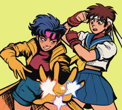 2girls black_hair brown_hair chakkrx coat crossover fingerless_gloves gloves hand_on_own_arm headband highres jubilee justice_gakuen kasugano_sakura marvel marvel_vs._capcom multiple_girls pink-framed_eyewear red_gloves red_shirt school_uniform shirt short_hair shorts simple_background smile street_fighter white_headband x-men yellow_coat yellow_gloves