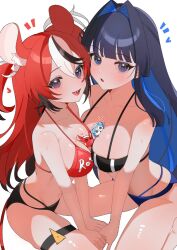 Rule 34 | 2girls, animal ears, asymmetrical docking, between breasts, bikini, black hair, blue eyes, blue hair, breast press, breasts, colored inner hair, commentary request, hair intakes, hakos baelz, halterneck, hana20000920, hololive, hololive english, large breasts, long hair, looking at viewer, mouse ears, mouse girl, mouse tail, multi-strapped bikini bottom, multicolored hair, multiple girls, open mouth, ouro kronii, red bikini, red hair, sharp teeth, simple background, streaked hair, swimsuit, tail, teeth, thigh strap, virtual youtuber, white background, white hair