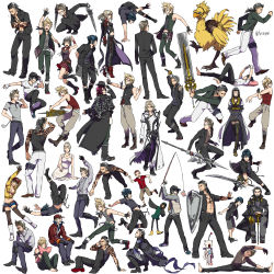 10s aranea_highwind ardyn_izunia casual chocobo cid_sophiar cidney_aurum dagger final_fantasy final_fantasy_xv fishing_rod gentiana gladiolus_amicitia gun highres hiromyan ignis_scientia iris_amicitia kenny_crow knife lunafreya_nox_fleuret moogle multiple_persona noctis_lucis_caelum nyx_ulric pillow polearm prompto_argentum regis_lucis_caelum spear sword weapon