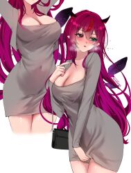 Rule 34 | 1girl, absurdres, acedia, bag, black horns, black wings, blue eyes, blush, breasts, breath, cleavage, cowboy shot, dress, grey dress, heterochromia, highres, holding, holding bag, hololive, hololive english, horns, irys (hololive), large breasts, long hair, purple eyes, purple hair, red hair, simple background, solo focus, very long hair, virtual youtuber, white background, wings