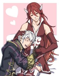 1boy 1girl absurdres amazingartistyellow black_gloves black_robe boots breasts cleavage closed_eyes closed_mouth commission cordelia_(fire_emblem) couple dress elbow_gloves fire_emblem fire_emblem_awakening gloves hair_ornament hand_on_another&#039;s_head heart hetero highres hooded_robe husband_and_wife long_hair looking_at_another male_robin_(fire_emblem) medium_breasts nintendo open_clothes open_mouth open_robe pink_garter_straps pink_thighhighs pregnant red_boots red_dress red_eyes red_gloves red_hair robe second-party_source shadow short_hair smile teeth thigh_boots thighhighs tongue upper_teeth_only very_long_hair white_hair wing_hair_ornament