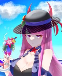 Rule 34 | 1girl, bare shoulders, black hat, blue sky, breasts, cleavage, closed mouth, cloud, cup, drinking glass, drinking straw, fire emblem, fire emblem engage, fire emblem heroes, hat, hoippuaniki, ivy (fire emblem), ivy (summer) (fire emblem), large breasts, light frown, long hair, looking at viewer, nintendo, official alternate costume, purple eyes, purple hair, purple nails, sky, solo, twitter username, upper body