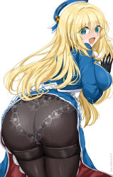 1girl ass atago_(kancolle) beret black_gloves black_pantyhose blonde_hair blue_hat blush breasts chamumi_(mochiumee) gloves green_eyes hat highres kantai_collection large_breasts long_hair looking_at_viewer looking_back military military_uniform open_mouth panties panties_under_pantyhose pantyhose solo thighband_pantyhose underwear white_background white_panties