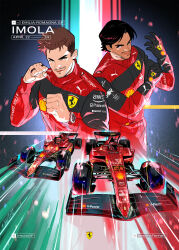 2boys absurdres animification black_gloves black_hair brown_eyes brown_hair car carlos_sainz charles_leclerc dark-skinned_male dark_skin facial_hair ferrari formula_one formula_racer gloves green_eyes highres italian_flag jewelry motor_vehicle multiple_boys mustache overalls race_gloves race_overalls race_vehicle racecar racing red_car red_overalls ring scuderia_ferrari serluxfero watch