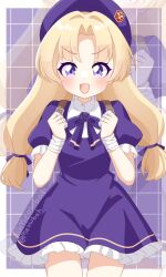 1girl bandaged_arm bandages blonde_hair bow bowtie collar cowboy_shot dress frilled_dress frilled_skirt frilled_sleeves frills hair_intakes hat highres long_hair looking_at_viewer low-tied_long_hair non-web_source open_mouth puffy_short_sleeves puffy_sleeves purple_bow purple_bowtie purple_dress purple_eyes purple_hat purple_sleeves shijou_hinako short_sleeves skirt smile solo the_king_of_fighters white_collar zoom_layer
