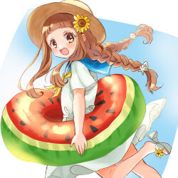 Rule 34 | 1girl, :d, blue sailor collar, blush, braid, brown eyes, brown hair, brown hat, commentary request, dress, floating hair, flower, from side, hair flower, hair ornament, hat, high heel sandals, highres, ichihara nina, idolmaster, idolmaster cinderella girls, idolmaster cinderella girls starlight stage, innertube, long hair, looking at viewer, looking to the side, low twintails, open mouth, pleated dress, rino cnc, sailor collar, sailor dress, sandals, shell hair ornament, short sleeves, sidelocks, smile, solo, starfish hair ornament, sun hat, sunflower, sunflower hair ornament, swim ring, twin braids, twintails, very long hair, white dress, white sandals, yellow flower