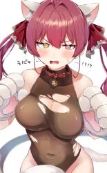 1girl @_@ animal_ears animal_hands bare_shoulders black_leotard blonde_hair breasts cat_ears cat_tail cowboy_shot fake_animal_ears gloves heterochromia highres hololive houshou_marine large_breasts leotard long_hair paw_gloves r18_ayame red_eyes red_hair simple_background solo tail torn_clothes torn_leotard twintails virtual_youtuber white_background