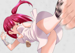1girl barefoot breasts brown_eyes dress highres jewelry kicking long_hair looking_at_viewer magi_the_labyrinth_of_magic morgiana necklace one_side_up open_mouth panties red_eyes red_hair simple_background skirt solo toku_sonchou underwear white_background white_dress white_panties