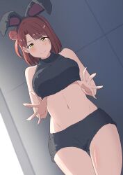 Rule 34 | 1girl, absurdres, animal ears, bare arms, bare legs, blurry, blurry background, blush, breasts, fingernails, hair bun, highres, leotard, lifting own clothes, looking at viewer, love live!, love live! nijigasaki high school idol club, medium breasts, midriff, navel, orange hair, playboy bunny, rabbit ears, short shorts, shorts, single side bun, smile, thighs, tile wall, tiles, uehara ayumu, yellow eyes, zasshoku ojisan