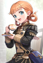 1girl absurdres annette_fantine_dominic bag blue_eyes braid braided_hair_rings cup epaulettes fire_emblem fire_emblem:_three_houses garreg_mach_monastery_uniform gonzarez hair_rings highres holding holding_cup holding_plate long_sleeves looking_at_viewer messenger_bag nintendo open_mouth orange_hair plate shoulder_bag smile solo