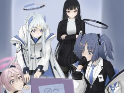 +_+ 4girls :| at_computer black_gloves black_hair black_halo black_jacket black_pantyhose black_skirt blazer blue_archive blue_eyes blue_hair blue_necktie bright_pupils closed_mouth computer covering_own_mouth crossed_arms doodle_sensei_(blue_archive) dot_nose double-parted_bangs downturned_eyes multiple_expressions fingerless_gloves formal_clothes frown gloves grey_hair hair_between_eyes hair_ornament hair_over_shoulder hairclip hairpin half_gloves halo hand_over_own_mouth hand_up hands_on_table head_down head_on_table head_rest headgear hunched_over id_card jacket jacket_partially_removed koyuki_(blue_archive) lapels laptop long_hair long_sleeves looking_at_screen mechanical_halo millennium_science_school_logo multiple_girls necktie noa_(blue_archive) notched_lapels pantyhose parted_bangs pink_eyes pink_hair pink_halo pleated_skirt purple_eyes raised_eyebrow raised_inner_eyebrows red_eyes rio_(blue_archive) seminar_(blue_archive) sensei_(blue_archive) sidelocks skirt standing suit sweater thigh_strap tinochan0103 triangle_hair_ornament turtleneck turtleneck_sweater twintails two-sided_fabric two-sided_jacket two_side_up very_long_hair white_hair white_halo white_jacket white_pupils white_skirt white_suit white_sweater wispy_bangs yuuka_(blue_archive)