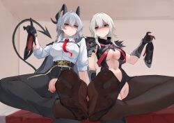 2girls 300_heroes absurdres blush breasts clothing_aside crotch_cutout crotchless crotchless_pantyhose demon_tail feet foot_focus highres holding holding_shoes horns kayla_(300_heroes) kuaidou_zero leotard leotard_aside long_hair looking_at_another looking_at_viewer multiple_girls nail_polish no_panties pantyhose pussy red_eyes shaded_face shoes soles tail toes unworn_shoes white_hair wuthering_waves zani_(wuthering_waves)