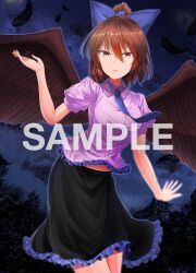 1girl aburamushi_eve_(gunarmdyne) bow breasts brown_eyes brown_hair commission feathers frilled_shirt frilled_skirt frills hair_bow medium_breasts necktie night night_sky original ponytail puffy_short_sleeves puffy_sleeves sample_watermark shirt short_hair short_sleeves skeb_commission skirt sky solo tengu touhou watermark wings y2