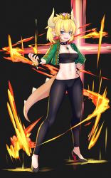 1girl black_leggings black_nails black_pantyhose blonde_hair blue_eyes blush bowsette bracelet breasts cleavage female_focus hand_on_own_hip high_heels highres horns iwahana jewelry large_breasts leggings looking_at_viewer mario_(series) nail_polish navel new_super_mario_bros._u_deluxe nintendo open_mouth pantyhose pointy_ears ponytail short_hair short_ponytail smile solo spiked_bracelet spikes super_crown teeth