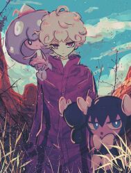 1boy :| bare_tree bede_(pokemon) closed_mouth cloud coat collared_coat colored_skin commentary curly_hair dot_nose expressionless gen_5_pokemon gen_8_pokemon gothorita grass hair_between_eyes hattrem highres horimhkw11 jitome male_focus mountain nintendo on_shoulder outdoors outstretched_arm pink_skin pokemon pokemon_(creature) pokemon_on_shoulder pokemon_swsh popped_collar purple_coat purple_eyes shirt sitting sky slit_pupils solo tree white_hair white_shirt