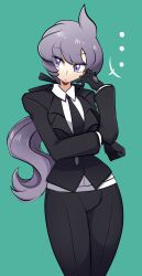 Rule 34 | 1girl, absurdres, anabel (pokemon), black gloves, black necktie, closed mouth, collared shirt, formal clothes, gloves, highres, jacket, long hair, long sleeves, missandydandy, necktie, nintendo, pants, pokemon, pokemon sm, ponytail, purple eyes, purple hair, shirt, solo, suit, white shirt