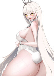 1girl absurdres animal_ears ass blanc_(nikke) blush breasts cleavage detached_collar fake_animal_ears fishnet_pantyhose fishnets goddess_of_victory:_nikke highres large_breasts leotard long_hair looking_at_viewer o_nemu_nemu open_mouth pantyhose playboy_bunny rabbit_ears solo strapless very_long_hair white_hair white_leotard wrist_cuffs yellow_eyes