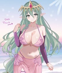 1girl absurdres bikini breasts cleavage closed_mouth commentary_request commission cowboy_shot detached_sleeves fire_emblem green_eyes green_hair hair_between_eyes halterneck hand_up headgear highres large_breasts long_hair long_sleeves looking_at_viewer n_54 navel nintendo pink_bikini pink_sarong pointy_ears purple_sleeves sarong skeb_commission skindentation smile solo standing stomach string_bikini swimsuit tiki_(fire_emblem) very_long_hair