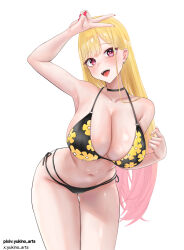 :d absurdres arm_up blonde_hair blush ear_piercing fingernails gluteal_fold hair_over_shoulder highres kitagawa_marin legs_together multicolored_hair non-web_source open_mouth piercing red_nails simple_background smile sono_bisque_doll_wa_koi_wo_suru teeth thigh_gap v white_background