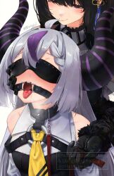 2girls adversarial_noise ahoge artist_name bare_shoulders black_collar black_gloves black_hair blindfold blue_hair blush braid braided_bangs collar demon_girl demon_horns dental_gag drooling femdom fur-trimmed_sleeves fur_trim gagged gloves grey_hair highres hololive hololive_english horns la+_darknesss la+_darknesss_(1st_costume) large_horns leash long_hair long_sleeves mochiyuki_(gigfor1) mole mole_under_eye multicolored_hair multiple_girls neckerchief nerissa_ravencroft nerissa_ravencroft_(1st_costume) o-ring open_mouth purple_hair red_eyes saliva single_hair_streak smile striped_horns tongue tongue_out twitter_username two-tone_hair virtual_youtuber watermark yellow_neckerchief yuri