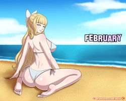 1girl alternate_costume ass back barefoot beach bikini blonde_hair blue_eyes bow breasts charlotte_(fire_emblem) fire_emblem fire_emblem_fates grey_bikini highres huge_ass large_breasts long_hair nintendo ocean reit sand side-tie_bikini_bottom sitting solo swimsuit wariza water