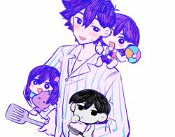 Rule 34 | 1girl, 3boys, antenna hair, aubrey (headspace) (omori), aubrey (omori), bailan1130, ball, black eyes, black hair, blush, bow, closed mouth, collarbone, colored skin, double-parted bangs, expressionless, hand on own hip, hero (headspace) (omori), hero (omori), highres, holding, holding ball, holding knife, holding spatula, holding stuffed toy, kel (headspace) (omori), kel (omori), knife, long hair, looking at viewer, mini person, miniboy, minigirl, mr. plantegg (omori), multiple boys, omori, omori (omori), open mouth, pink bow, purple eyes, purple hair, short hair, simple background, smile, spatula, stuffed eggplant, stuffed toy, sweatdrop, white background, white skin