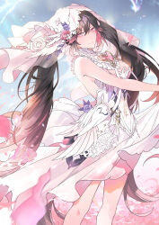 1girl absurdres birthday black_hair breasts bridal_veil cino_(cappuccino) clothes_lift dress dress_lift flower hair_flower hair_ornament highres long_hair looking_at_viewer lucia:_pyroath_(pgr) lucia:_pyroath_(wedding_dress)_(pgr) lucia_(pgr) medium_breasts multicolored_hair outdoors pink_eyes pink_streaks punishing:_gray_raven smile solo twintails two-tone_hair veil very_long_hair wedding_dress