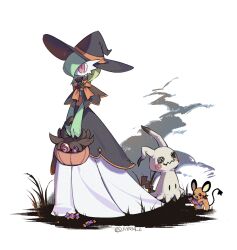 1girl artist_name basket black_capelet black_eyes black_hat black_skirt blank_eyes bob_cut bowtie candy capelet clothed_pokemon colored_skin creatures_(company) dedenne female_focus flat_chest food full_body game_freak gardevoir gen_3_pokemon gen_6_pokemon gen_7_pokemon grass green_hair green_skin hair_over_one_eye halloween halloween_bucket happy hat high-waist_skirt holding holding_basket holding_candy holding_food lollipop looking_afar mimikyu multicolored_skin nintendo objectification one_eye_covered open_mouth orange_bow orange_bowtie orange_trim own_hands_together pokemon pokemon_(creature) pumpkaboo red_eyes short_hair signature skirt slit_pupils smile sok_(mr14_c) solid_oval_eyes solo_focus standing twitter_username two-tone_skin v_arms white_background white_skin witch witch_hat