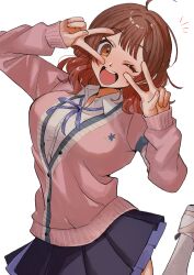 1girl ;d absurdres ahoge black_overskirt blue_ribbon blue_skirt blush breasts brown_hair cardigan commentary double_v fingernails gakuen_idolmaster hanami_ume hatsuboshi_gakuen_school_uniform highres idolmaster large_breasts long_sleeves looking_at_viewer neck_ribbon notice_lines one_eye_closed open_collar open_mouth pink_cardigan pleated_skirt rebanira_kaisan ribbon school_uniform shirt shoes simple_background skirt smile sneakers socks solo standing standing_on_one_leg teeth upper_teeth_only v white_background white_shirt white_socks