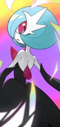 Rule 34 | 1girl, alternate color, back, bare shoulders, black dress, black gloves, blue hair, blurry, blurry foreground, bob cut, colored skin, dress, elbow gloves, female focus, from behind, gardevoir, gen 3 pokemon, gloves, gradient background, hair over one eye, long dress, looking at viewer, looking back, mega evolution, mega gardevoir, mega pokemon, nintendo, one eye covered, open mouth, pokemon, pokemon (creature), profile, purple background, red eyes, shiny pokemon, short hair, solo, standing, strapless, strapless dress, white skin, zusa1182610