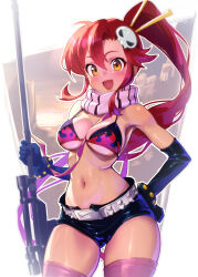 anti-materiel_rifle belt bikini bikini_top_only breasts cleavage flame_print gun hair_ornament momochi_momotan no_shirt pink_thighhighs ponytail red_hair rifle skull_hair_ornament sniper_rifle solo studded_belt swimsuit tengen_toppa_gurren_lagann thighhighs underboob weapon yellow_eyes yoko_littner