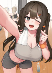 Rule 34 | 3girls, ;d, arm up, armpits, black eyes, blonde hair, blush, bottle, breasts, brown hair, cleavage, commentary request, crop top, diamond-shaped pupils, diamond (shape), finger heart, fingernails, girls&#039; frontline, girls&#039; frontline 2: exilium, grey shorts, grey sports bra, hayabusa (vert 320), highres, indoors, k2 (girls&#039; frontline), large breasts, leaning forward, long hair, looking at viewer, multiple girls, navel, one eye closed, open mouth, plastic bottle, selfie, sharkry (girls&#039; frontline 2), short shorts, shorts, side ponytail, smile, solo focus, sports bra, sweat, sweatdrop, symbol-shaped pupils, thighs, towel, towel around neck, two side up, vepley (girls&#039; frontline 2), water bottle, yoohee (girls&#039; frontline 2)
