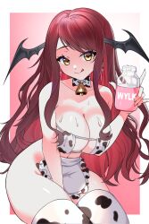 Rule 34 | 1girl, absurdres, addie wyvernhart, aegis-link, animal print, apron, bell, bikini, black wings, bottle, breasts, cleavage, commission, cow print, cow print bikini, cow print thighhighs, drexu, gloves, head wings, highres, large breasts, long hair, looking at viewer, milk bottle, neck bell, print bikini, print gloves, print thighhighs, red hair, shiny skin, sitting, solo, swimsuit, thighhighs, vgen commission, virtual youtuber, wings, yellow eyes