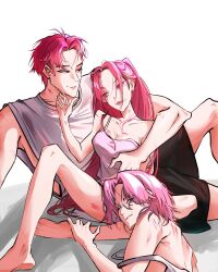 Rule 34 | 1girl, 2boys, abby (kpop demon hunters), baet zi, bite mark, bite mark on breast, camisole, eyelashes, hashtag-only commentary, highres, kpop demon hunters, lipstick mark, lipstick mark on leg, long hair, medium hair, mira (kpop demon hunters), multiple boys, one eye closed, pink camisole, pink eyes, pink hair, romance (kpop demon hunters), shirt, short hair, sidelocks, sitting, sleeveless, sleeveless shirt