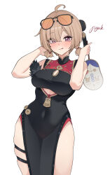 1girl :q absurdres ahoge black_dress blush breasts brown_hair china_dress chinese_clothes clothing_cutout commentary covered_navel cowboy_shot cutout_above_navel dress eyes_visible_through_hair eyewear_on_head hair_over_one_eye hand_fan highres holding holding_fan large_breasts looking_at_viewer low_twintails orange-tinted_eyewear pelvic_curtain purple_eyes pynkmouth short_twintails signature simple_background skindentation sleeveless sleeveless_dress solo standing sunglasses sweety_(zenless_zone_zero) thigh_strap tinted_eyewear tongue tongue_out tuanshan twintails underboob_cutout white_background zenless_zone_zero