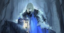 1boy animal animal_ears armor bare_tree black_armor black_fur black_horse blonde_hair blue_cape blue_eyes cape clenched_hand closed_mouth commentary dimitri_alexandre_blaiddyd dimitri_alexandre_blaiddyd_(timeskip) eyepatch fire_emblem fire_emblem:_three_houses forest fur_trim hand_up hashtag-only_commentary highres holding holding_lantern horse horseback_riding lantern looking_down male_focus moxom nature nintendo one_eye_covered riding solo tree white_fur
