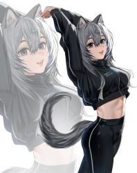 1girl absurdres animal_ear_fluff animal_ears arms_up artist_name black_hair black_jacket black_pants blue_eyes breasts commentary cowboy_shot cropped_jacket double-parted_bangs elfe_art english_commentary fangs from_side grey_hair hair_between_eyes highres jacket long_hair long_sleeves looking_at_viewer medium_breasts mole mole_under_eye multicolored_hair open_mouth original pants projected_inset smile standing streaked_hair stretching tail toned toned_female track_jacket white_background wolf_ears wolf_girl wolf_tail yoga_pants zipper zipper_pull_tab