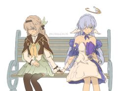 Rule 34 | 2girls, artist name, black gloves, black hairband, black jacket, black ribbon, black thighhighs, blue eyes, blue hair, blush, bracelet, choker, closed mouth, collarbone, commentary, detached sleeves, dress, earrings, english commentary, feathered wings, firefly (honkai: star rail), gloves, gold ring, green dress, grey hair, hair between eyes, hair ornament, hair over one eye, hair ribbon, hairband, halo, head wings, holding hands, honkai: star rail, honkai (series), jacket, jewelry, korshokor, leaf hair ornament, long hair, long sleeves, multiple girls, musical note ornament, neckerchief, on bench, pearl bracelet, puffy long sleeves, puffy sleeves, purple choker, purple dress, purple eyes, ribbon, robin (honkai: star rail), sailor collar, short sleeves, shy, simple background, single earring, single glove, sitting, sleeveless, sleeveless dress, smile, star ornament, strapless, strapless dress, sweatdrop, thighhighs, two-tone dress, white background, white dress, white gloves, wings, yellow neckerchief, yuri