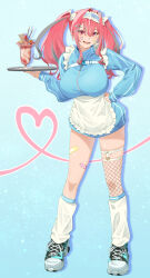 1girl absurdres apron azur_lane bandaid bandaid_on_cheek bandaid_on_face bandaid_on_leg blue_background blue_hairband blue_jacket blush bow breasts bremerton_(azur_lane) chest_belt commentary cookie cup fishnet_thighhighs fishnets food frilled_apron frills fruit green_shoes grey_hair hair_bow hair_intakes hair_ornament hairband hairclip heart highres holding holding_tray huge_breasts jacket jersey_maid kento_(kentdrawing) leg_warmers legwear_garter long_hair long_sleeves looking_at_viewer maid maid_apron mole mole_under_eye multicolored_hair open_mouth parfait pink_bandaid pink_eyes pink_hair pocky polka_dot shoes single_thighhigh sleeves_past_wrists smile sneakers solo strawberry streaked_hair teeth thigh_bow thighhighs thighs tray twintails two-tone_hair unconventional_maid waist_apron white_apron white_bow white_leg_warmers zipper