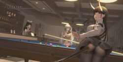 5girls absurdres alternate_breast_size alternate_costume apron artist_name ass azur_lane ball billiard_ball black_hair black_panties black_pantyhose black_skirt breasts ceiling_light character_request commentary_request cue_stick dutch_angle formidable_(azur_lane) grey_hair high_ponytail highres holding_cue_stick indoors large_breasts leaning_forward long_hair long_sleeves medium_breasts multiple_girls noshiro_(azur_lane) panties panties_under_pantyhose pantyhose ponytail pool_table purple_eyes red_eyes sakawa_(azur_lane) shirt short_sleeves sitting skirt table translation_request twintails underwear variant_set very_long_hair white_apron white_panties white_shirt window_blinds yuebanmao