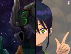 1girl absurdres blue_hair commentary_request funnels_(gundam) gfred gundam gundam_gquuuuuux highres machinery mecha medal military_uniform mobile_suit nebula nyaan_(gundam_gquuuuuux) nyahoekaki1 pointing pointing_up robot sad science_fiction space spoilers star_(sky) worried yellow_eyes zeon