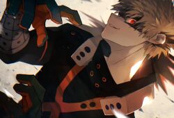 1boy arms_up bakugou_katsuki black_shirt blonde_hair boku_no_hero_academia commentary_request debris gloves highres looking_to_the_side male_focus mask multicolored_gloves parted_lips red_eyes ryo_(piggerworld) shirt short_hair sideways_glance sideways_mouth smile solo superhero_costume