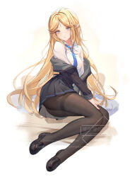 1girl absurdres alternate_costume black_jacket black_pantyhose black_shoes black_skirt blonde_hair blue_eyes blue_necktie breasts cartethyia_(wuthering_waves) chinese_commentary chromatic_aberration clothes_down collared_shirt commentary_request full_body highres jacket light_blush loafers long_hair looking_at_viewer lying medium_breasts necktie on_side pantyhose parted_lips pointy_ears q18607 shirt shoes sidelocks sitting skirt solo tacet_mark_(wuthering_waves) thighband_pantyhose very_long_hair watermark white_shirt wuthering_waves