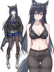 1girl absurdres animal_ears arknights arm_behind_back black_bra black_coat black_hair black_panties black_pantyhose black_vest blue_necktie blue_shorts blush boots bra breasts closed_mouth coat collarbone commentary full_body gongbangmanchi_(daisy_cutter) grey_boots hair_between_eyes hair_intakes highres long_hair looking_at_viewer medium_breasts multicolored_eyes multiple_views navel necktie official_alternate_costume open_clothes open_coat open_mouth panties panties_under_pantyhose pantyhose shirt short_shorts shorts simple_background standing tail texas_(arknights) texas_the_omertosa_(arknights) thigh_gap torn_clothes torn_necktie underwear vest white_background white_shirt wolf_brooch wolf_ears wolf_girl wolf_tail